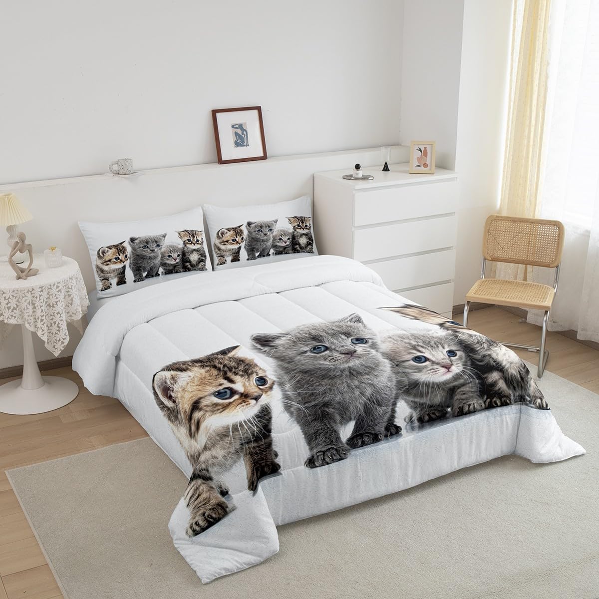 Feelyou Little Cat Bedding Set Lovely Pet Cats Comforter Cat Lover's Animal Themed Design Comforter Set for Boys Girls Kids Room Decor Cute Kitten Print Duvet Set Twin Size with 1 Pillow Case