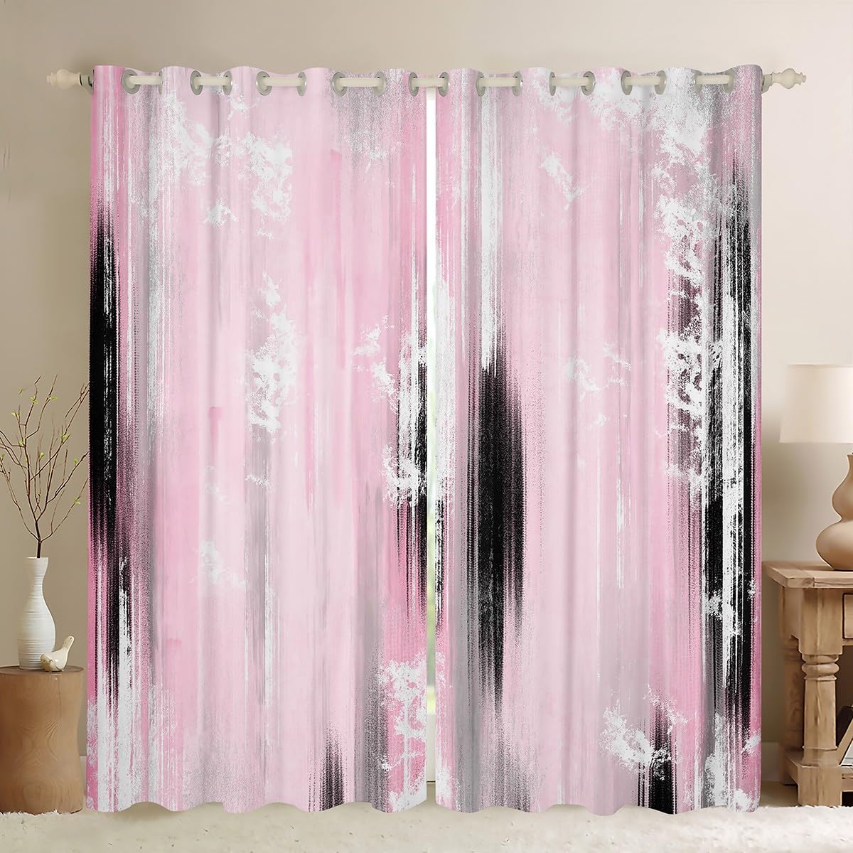 Feelyou Abstract Curtains for Bedroom Living Room Modern Abstract Art Blackout Darkening Drapes Pink Gray White Window Treatments, 2 Panels 38 x 45 Inch Luxury Room Decor
