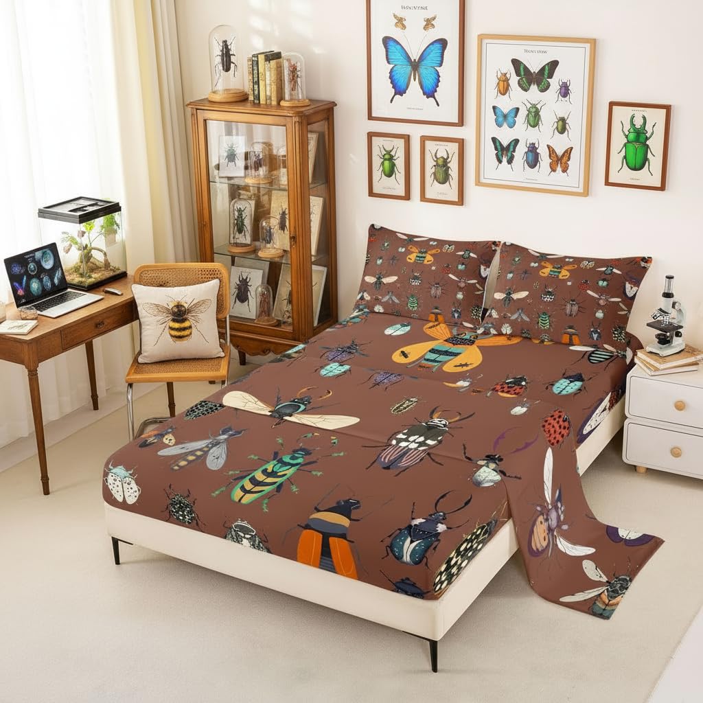 Castle Fairy Cartoon Beetles 3Pcs Bed Sheets Set Twin Size Nature Animals Coleoptera Bedding Sets for Kids Girls Boys Room Decor Country Rustic Style Soft(Fitted + Flat,1 Pillowcase) Dark Brown