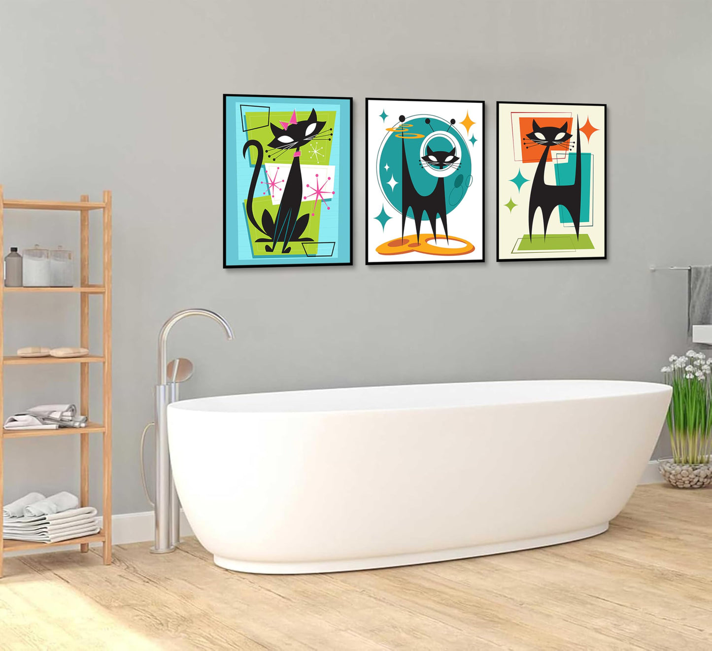 3Pcs Futuristic Atomic Cats Wall Art Canvas Set Modern Tech Inspired Posters in Blue Green Orange Abstract Geometric Paintings Pictures and Prints Gallery Wall Decor for Living Room Bedroom Unframed