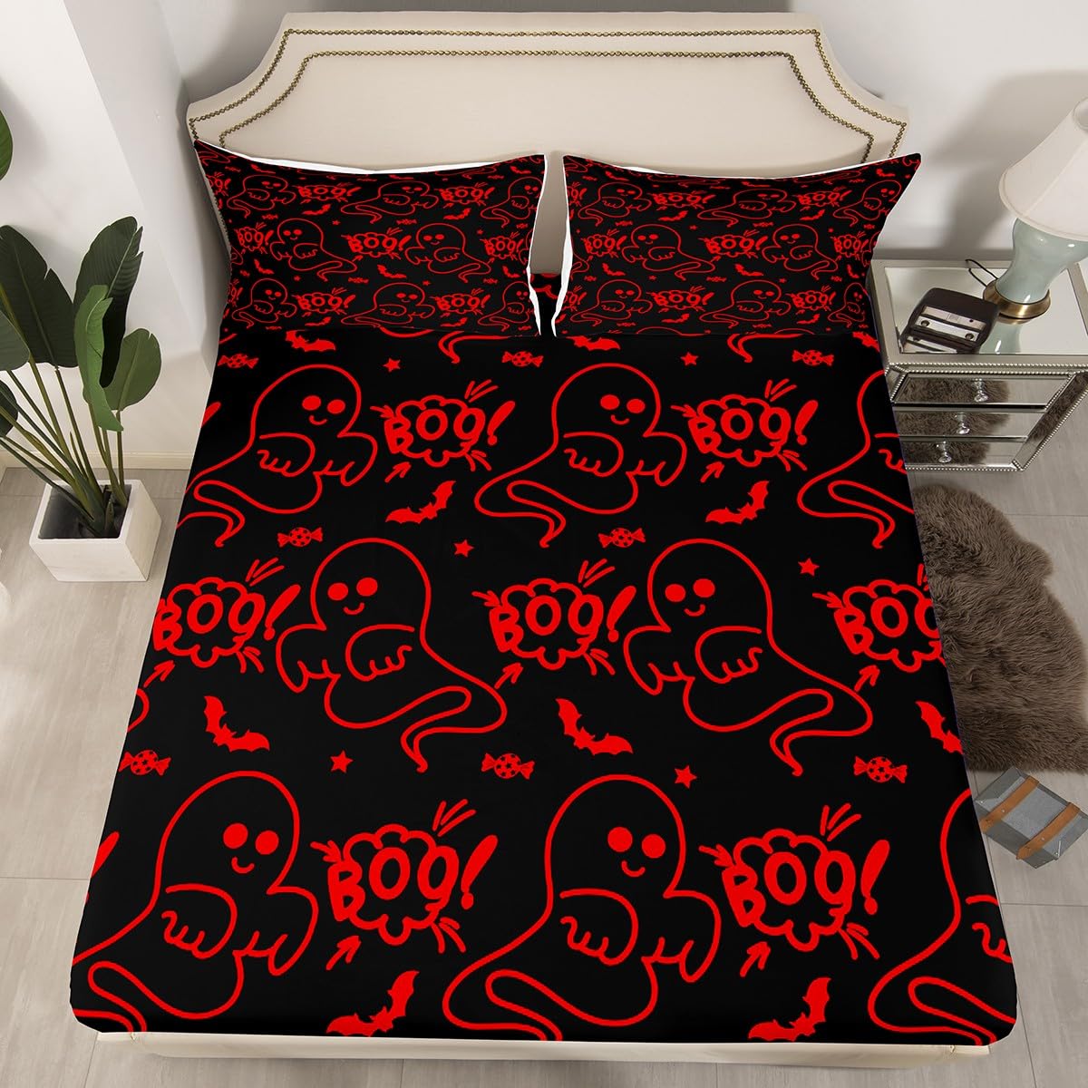 Feelyou Halloween Sheets Set Cartoon Ghost Twin Size Bedding Set Decoration for Kids Boys Girls Red Fitted Sheet Ghost Festival Themed Bed Sheet Set Collection