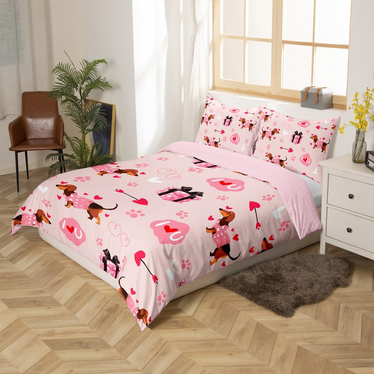 Cute Dachshund Bedding Sets King Size,Valentine's Day Duvet Cover Set 3Pcs for Kids Girls Boys Adult Room Decor,Pink Love Heart Print Comforter Cover Romantic Dog Paw Quilt Cover,2 Pillowcases