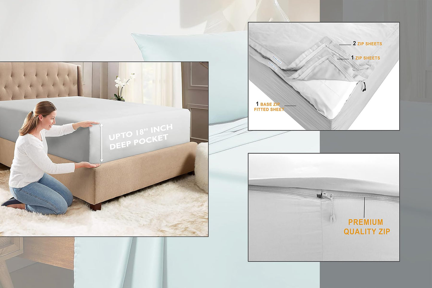 Zip On Sheets Full XL Size Zipper Sheets - Includes 1 Fitted Base + 2 Zip On Sheet - Upto 16” Inch Deep Pockets - Easy to Use, Won’t Pop Off - Soft Microfiber Full XL Size 54X80 - Teal