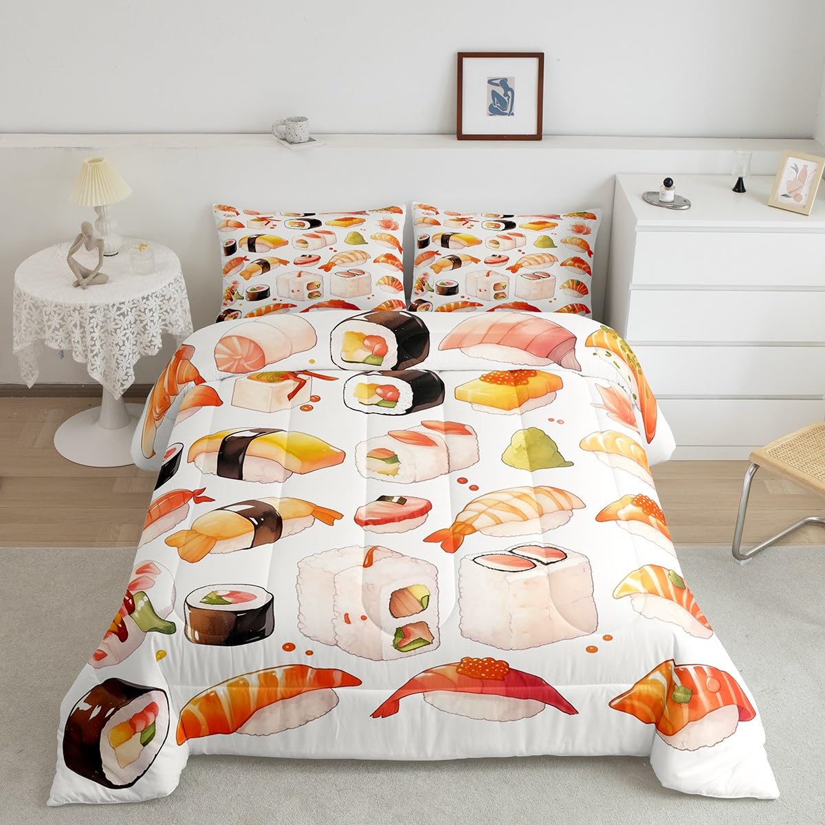 Erosebridal Cute Sushi Bedding Set Queen,Japanese Food Comforter Set Sushi Gifts for Kids Teens Adults,Anime Style Quilt Bed Set Funny Food Bed Comforter Sets with 2 Pillowcases Bedroom Decor