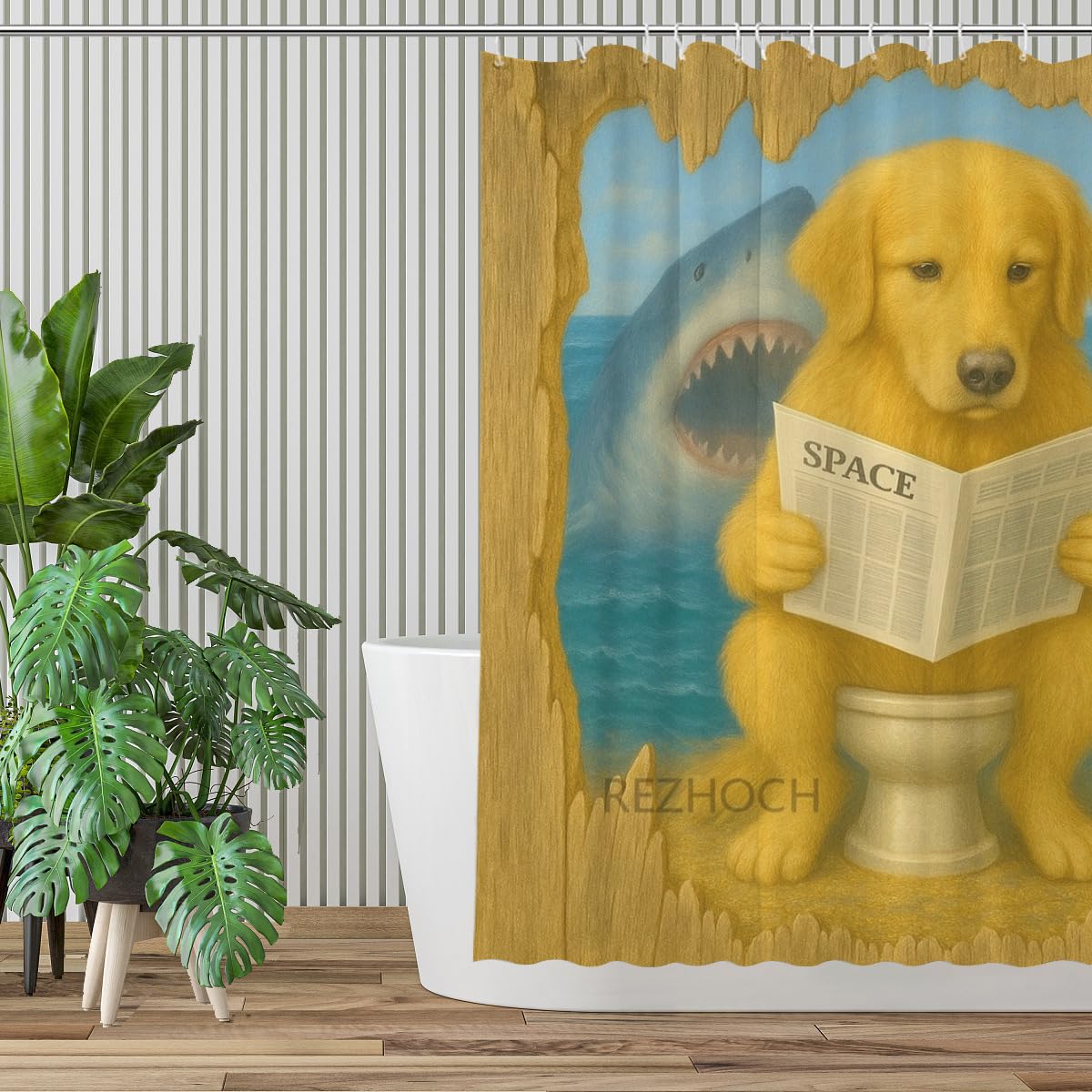 REZHOCH Golden Retriever Sitting on Toilet Reading Newspaper Shark Shower Curtain Durable Waterproof Fabric Bathtub Sets Funny Animal Home Bathroom Decoration 72x72inch with 12 Hooks