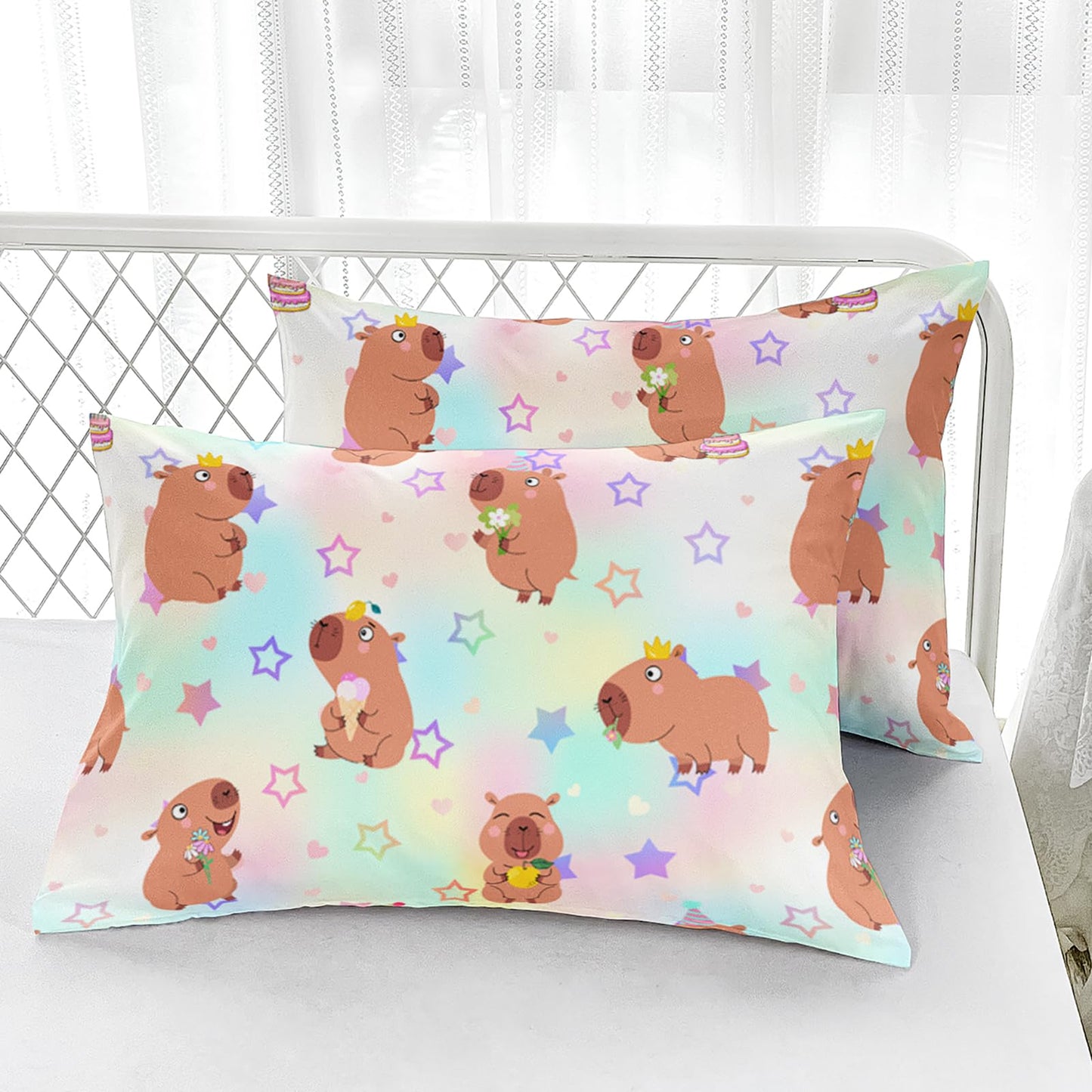 AILONEN Kawaii Capybara Fitted Sheet Set Twin Size,Cute Cartoon Capybara Rainbow Bedding Set for Girls Kids,Lovely Animal Star Fitted Sheet & 2 Pillowcases-3 Pieces