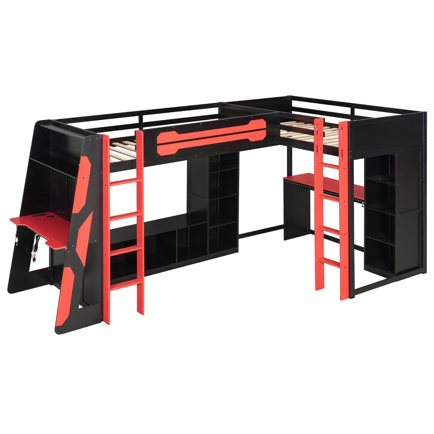 HRJHLucky Twin Size L-Shaped Gaming Loft Bed with RGB LED Lights, USB Ports, TV Stand and Dual Beds, Wood Loft Bed Frame with Desk and Storage Shelves (Red)