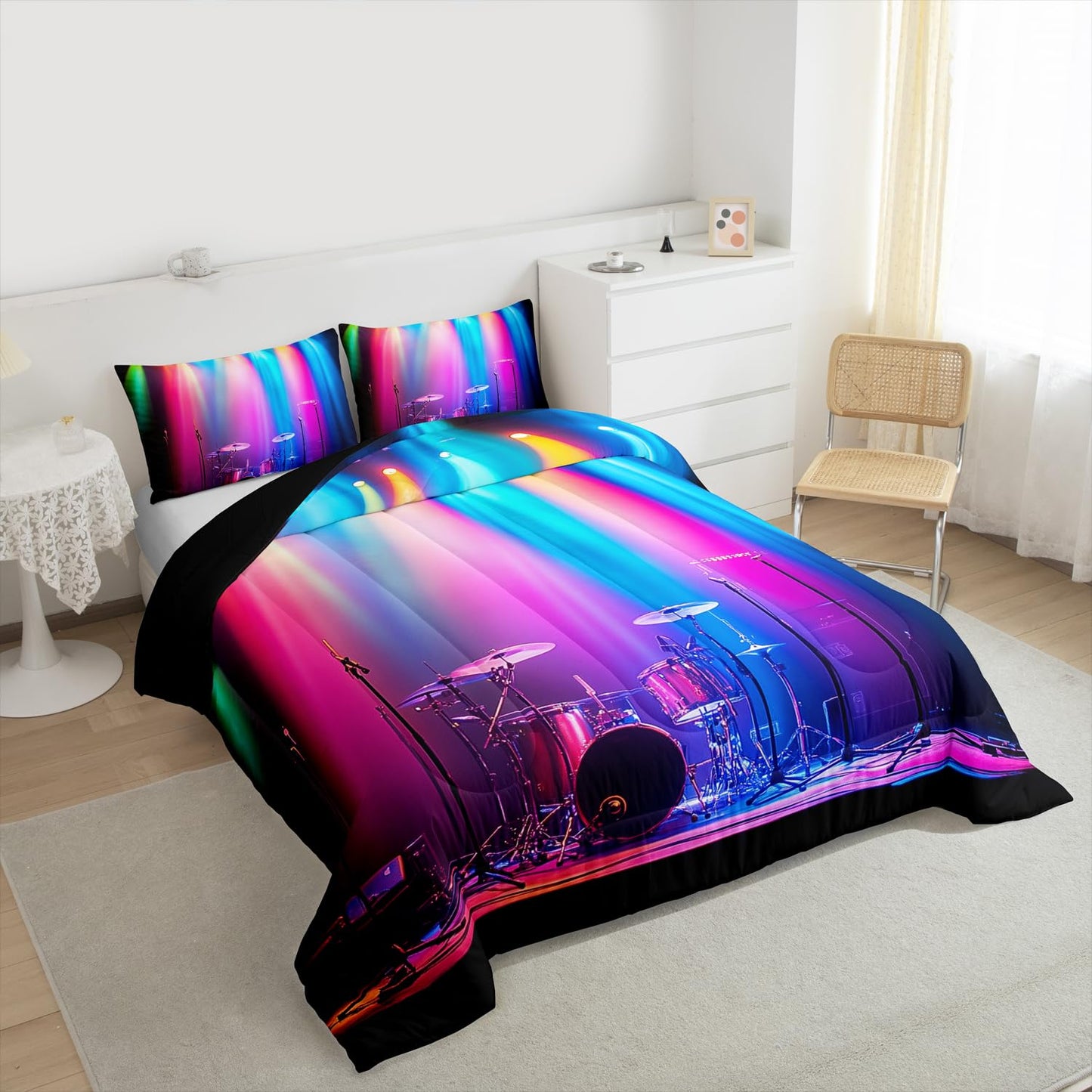 Erosebridal 3D Drum Kit Bedding Set Queen Drum Kit Instrument Comforter Set for Kids Boys Girls Rock Music Theme Down Comforter,Music Lovers Quilt Duvet