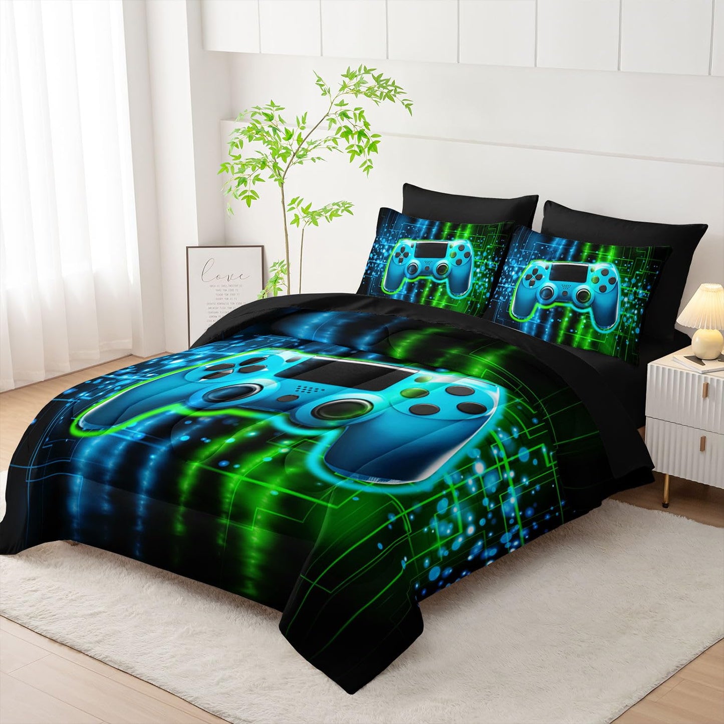 Smell Sunshine 7Pcs Gamer Comforter Set 3D Gamepad Printed Bedding Set with 1 Comforter, 1 Flat Sheet, 1 Fitted Sheet and 4 Pillowcases for Boys and Girls Bedroom (Gamepad Twin