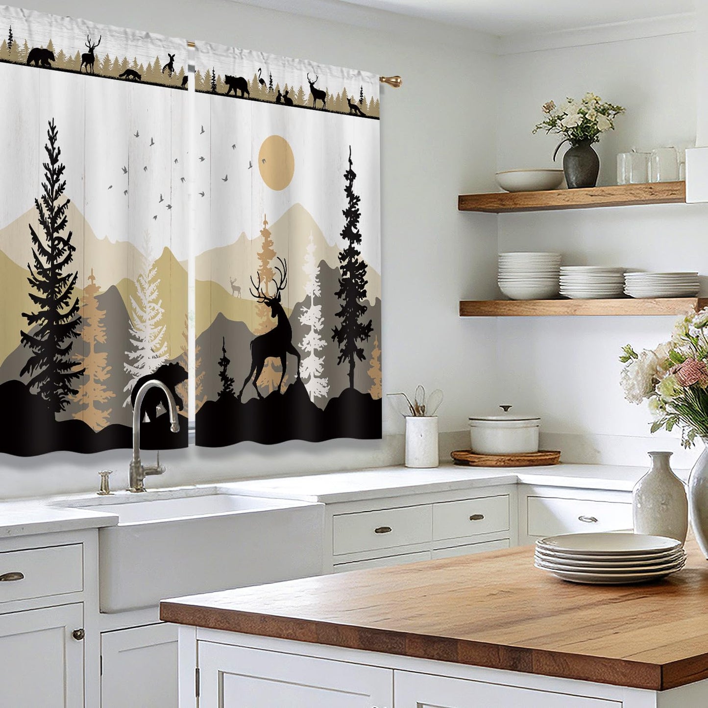Cizuug Farmhouse Forest Cabin Kitchen Curtains Rustic Wooden Small Short Cafe Window Curtains Tree Country Deer Bear Rod Pocket Bathroom Window Drapes Treatment Tier Curtains 2 Panels (27.5x39 Inch)