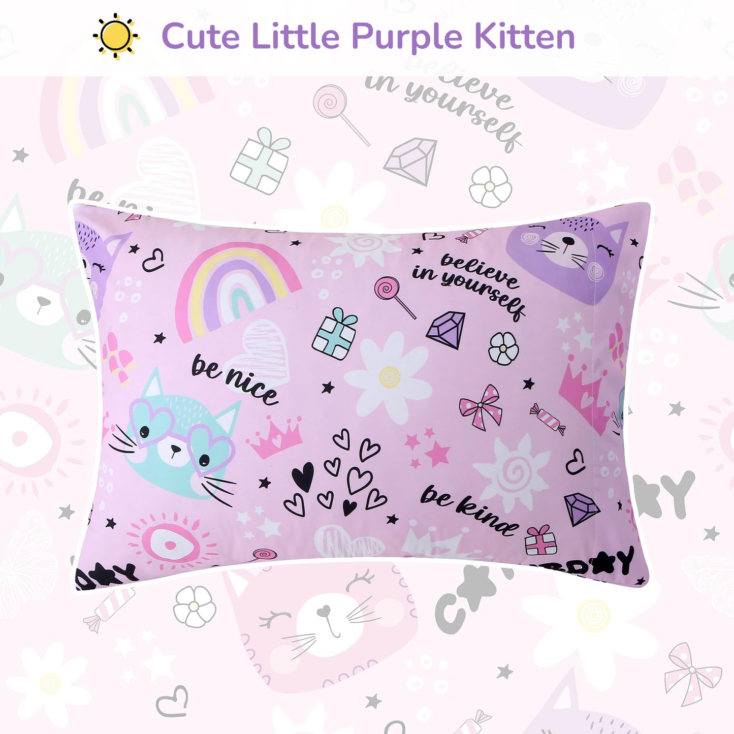 Viviland Purple Cat Toddler Comforter Sets, Cute Girls Toddler Bedding Set, Soft Microfiber Toddler Bed Set