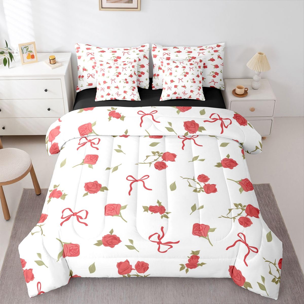 Erosebridal Kawaii Bowknot Full Comforter Set 7 Pieces,Coquette Bows Bed in A Bag,Preppy Princess Bedding Set with Comforters, Sheets, Pillowcases Fantasy Aesthetic Bedroom Decor