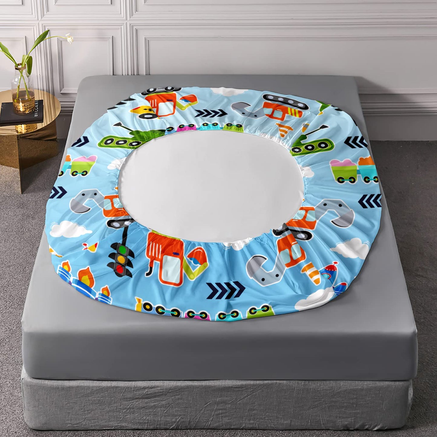 HOSIMA Cartoon Car Kids Fitted Sheet Set,Taxi Excavator Tractor Bedding for Kids' Room, Light Blue, Queen Size,1 Fitted Sheet+2 Pillowcases.