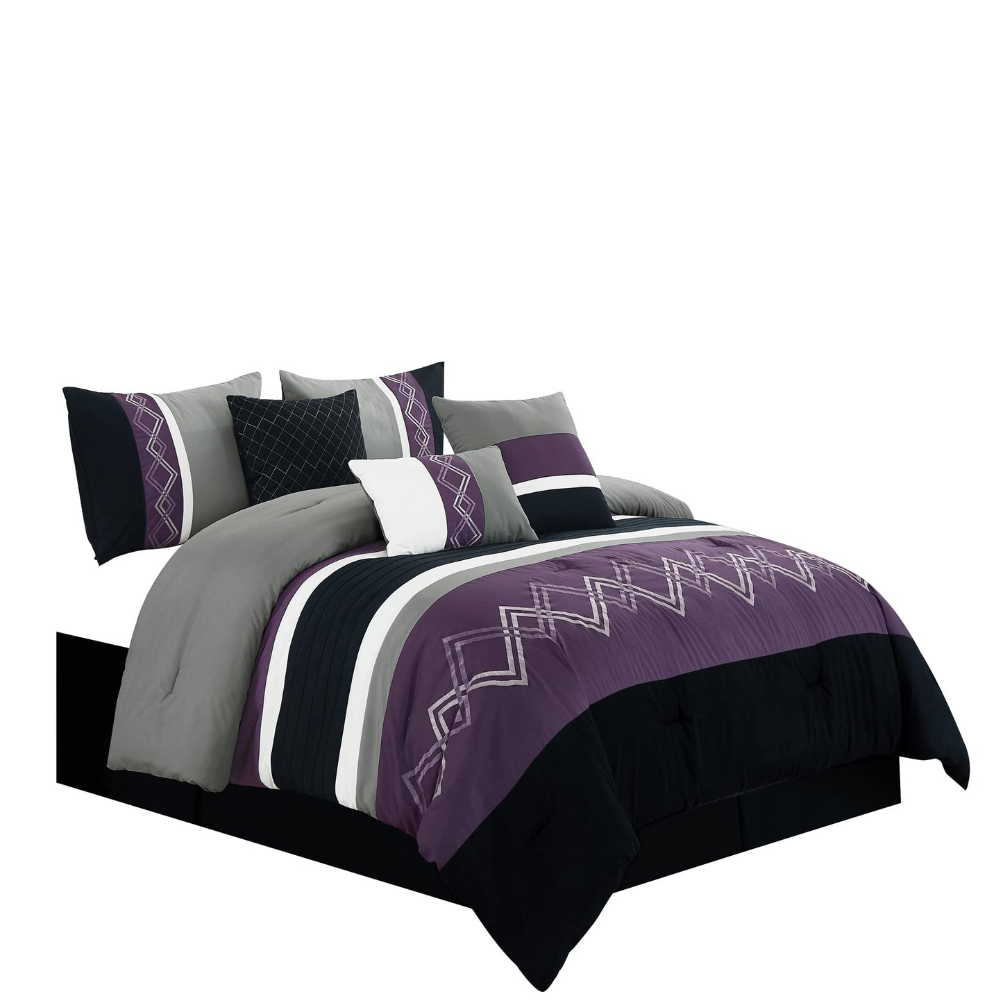 Chezmoi Collection Arden 7-Piece Modern Pleated Stripe Embroidered Zigzag Bedding Comforter Set (King, Purple/Black/Gray/White)