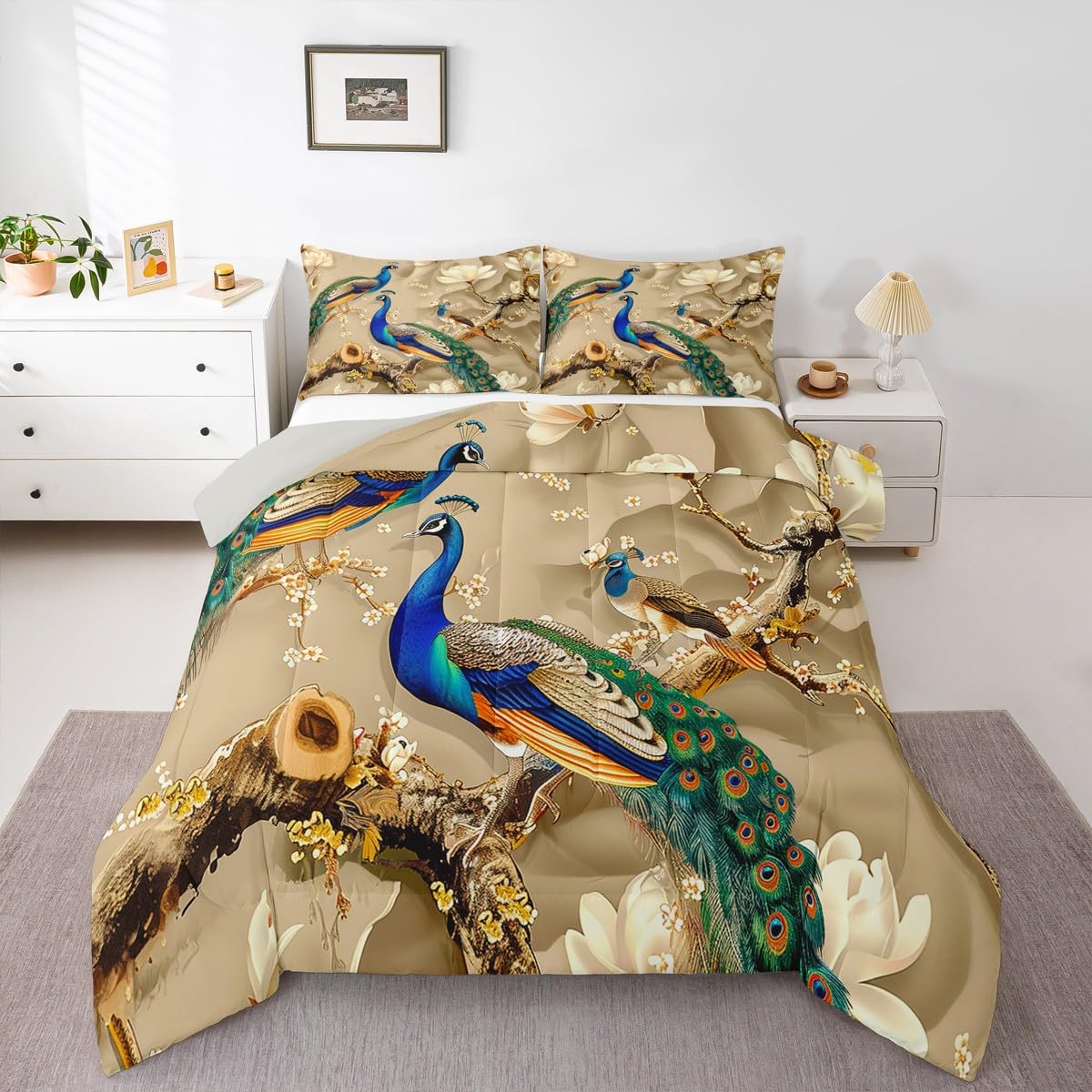 Feelyou Peacock Comforter Peacock with Floral Bedding Set for Kids Adults Girls Animals Comforter Set Botanical Quilt 1 Comforter Set with 1 Pillowcase Twin Size