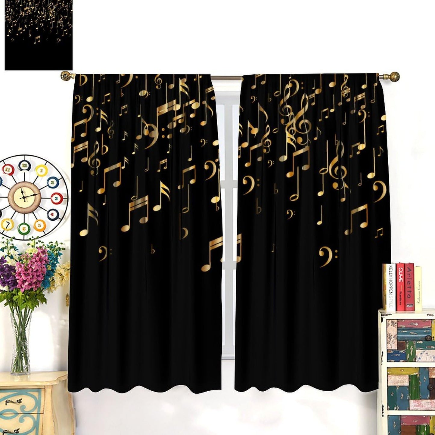 Musical Notes Curtains, Golden Music Note Print Black Background Modern Art Window Treatments Drapes for Living Room Bedroom Kitchen Home 42" W X 45" L(No Blackout)
