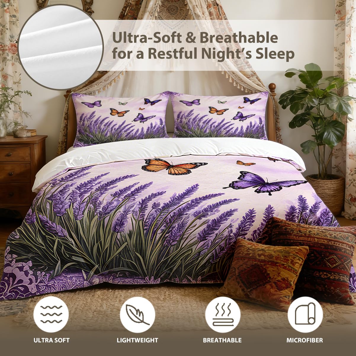 MILANKET Lavender Butterfly Duvet Cover Set Purple Floral Bedding with Zipper Closure and Corner Ties Soft Microfiber Nature Inspired Comforter Cover for Women Girls Bedroom Decor Twin