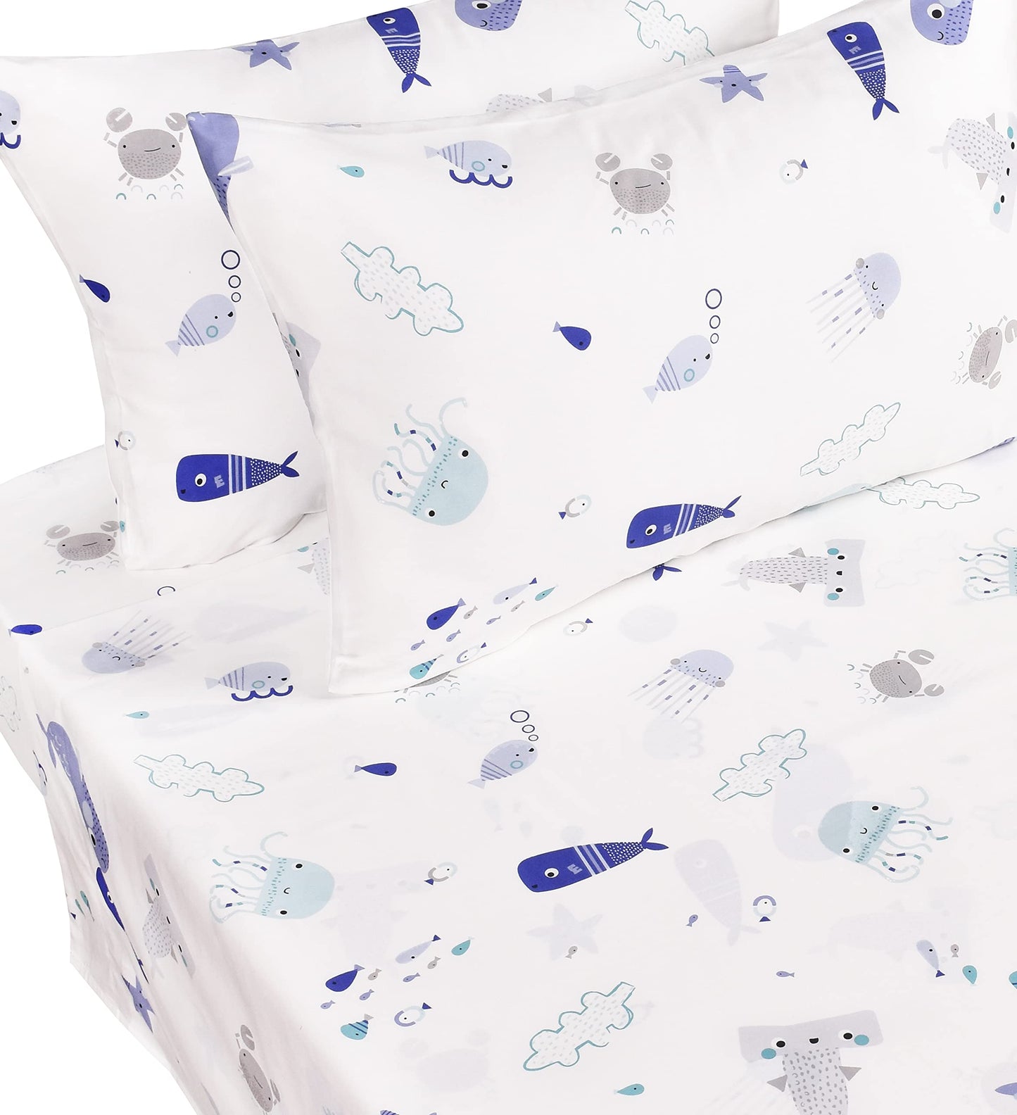 J-pinno Sea Animal Fish Whale Underwater World Cute Cozy Fun Full Sheet Set for Kids Girls Children100% Cotton, Flat Sheet + Fitted Sheet + Pillowcase Bedding Set (10, Full)