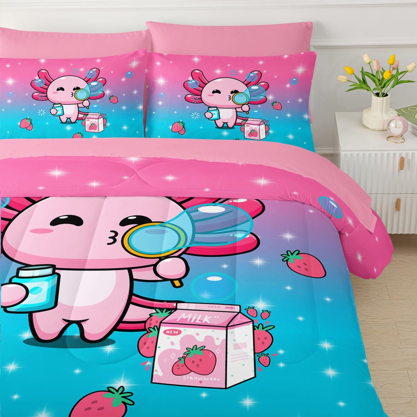 QOOMO Axolotl 7 Pieces Comforter Set Queen Size,Salamander Bedding Set for Kids-Include 1 Comforter,1 Fitted Sheet,1 Flat Sheet,2 Printing Pillowcases and 2 Pink Pillowcases