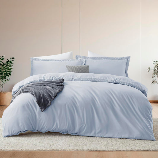 Hearth & Harbor Queen Size Duvet Cover & Bed Sheet Set Ice Blue, 7 Piece Soft Double Brushed Bedding Set, Includes Duvet Cover, Flat Sheet, Fitted Sheet, Pillowcases and Pillow Shams