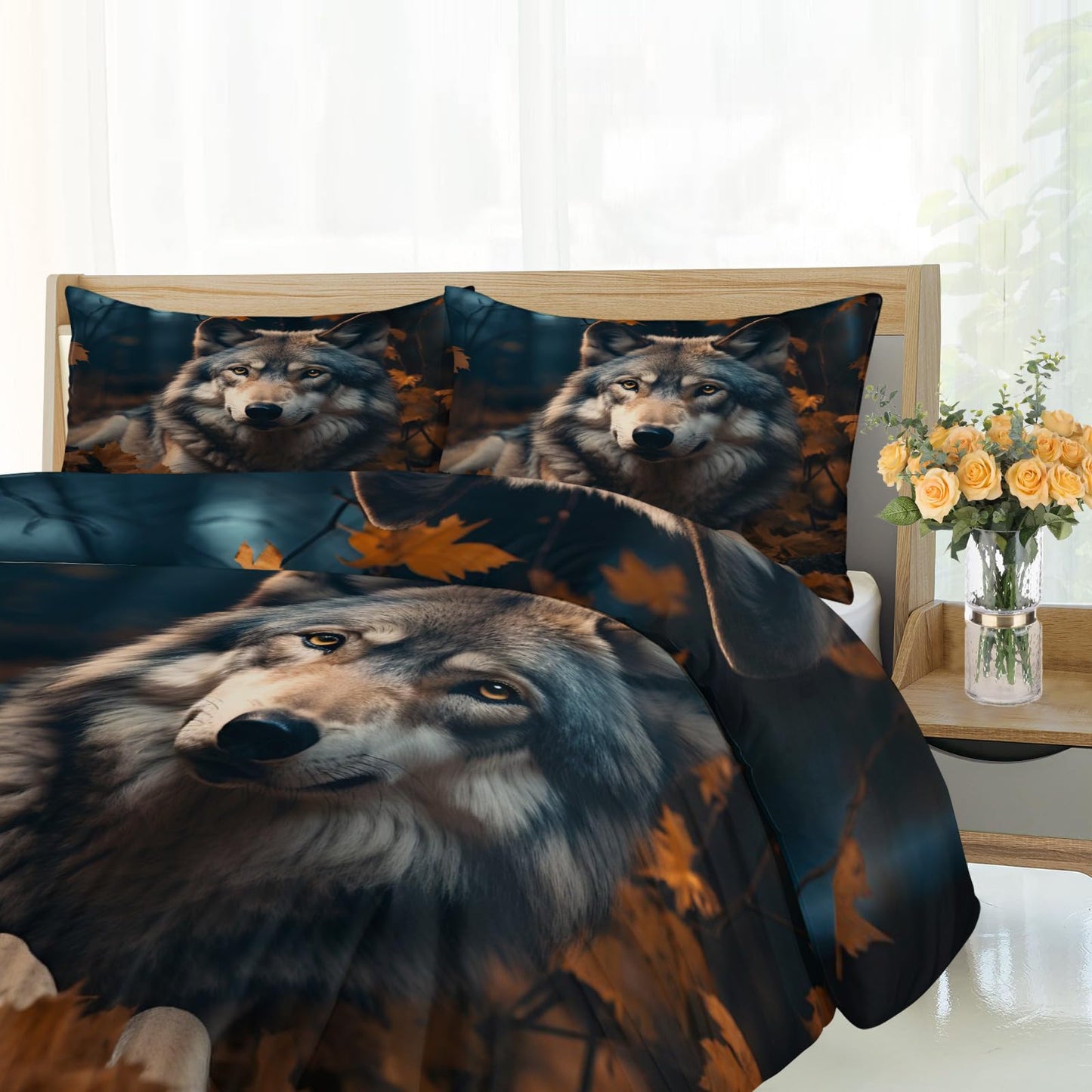 Wolf Duvet Cover Queen Size - Autumn Wolf Home Decor & Gifts, 3 Piece Back to School Dorm Bedding, Easy Care Microfiber Comforter Cover & Pillowcases, Wild Animals