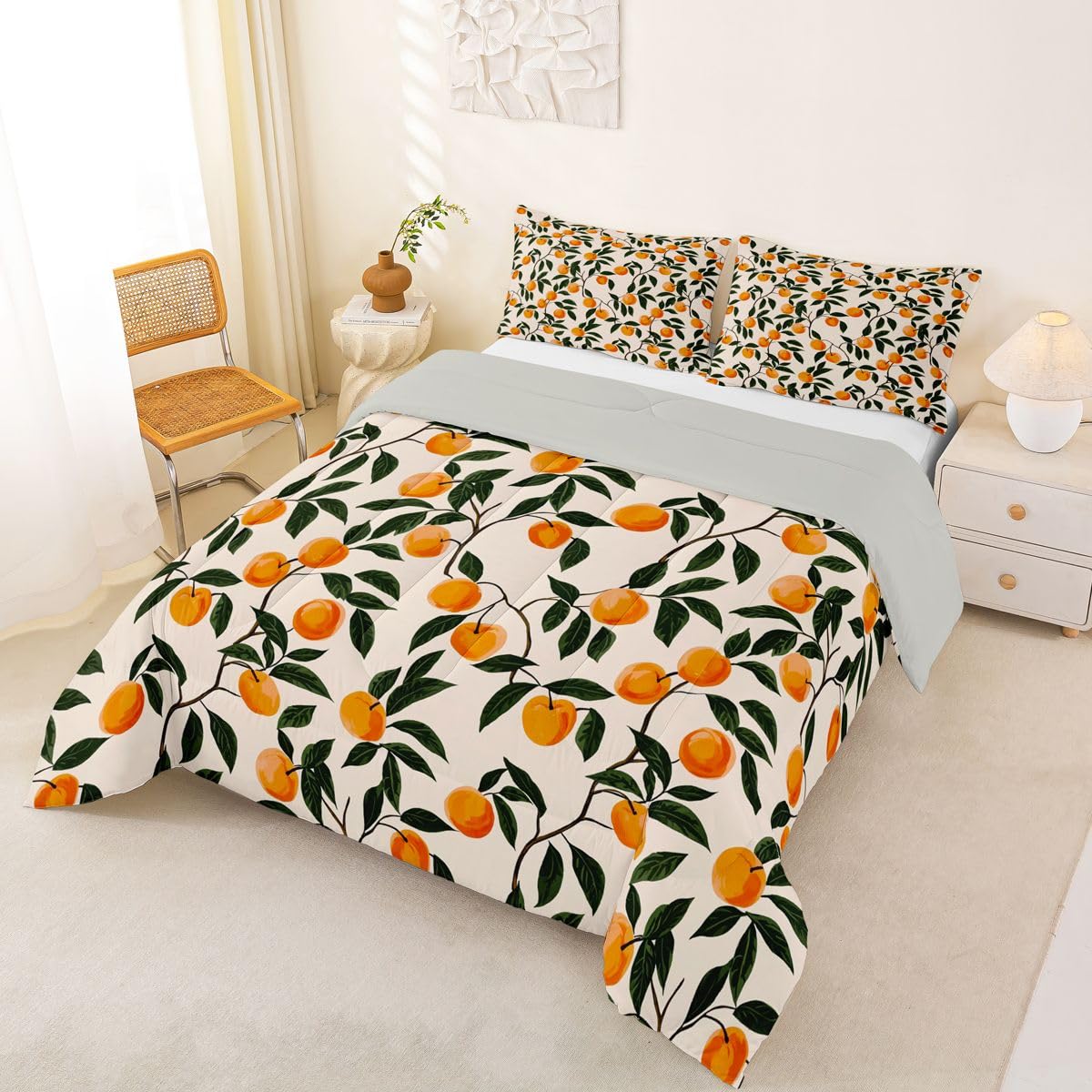 Manfei Cartoon Oranges 2Pcs Comforter Set Twin Size Country Rustic Bedding Set Kids Teens Adult Room Decor Botanical Themed Duvet Insert,1 Pillowcase Cute Fruit Printed