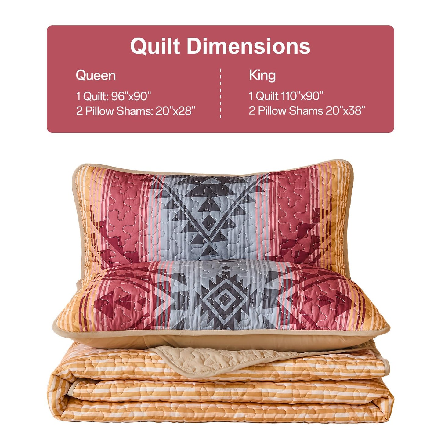 Dintszyayue Red Boho Quilt Set King,3 Pieces Aztec Texture Bedspread Western Quilt Set,Soft Reversible Lightweight Bohemian Coverlet Bedding Set for All Seasons(110"x90")