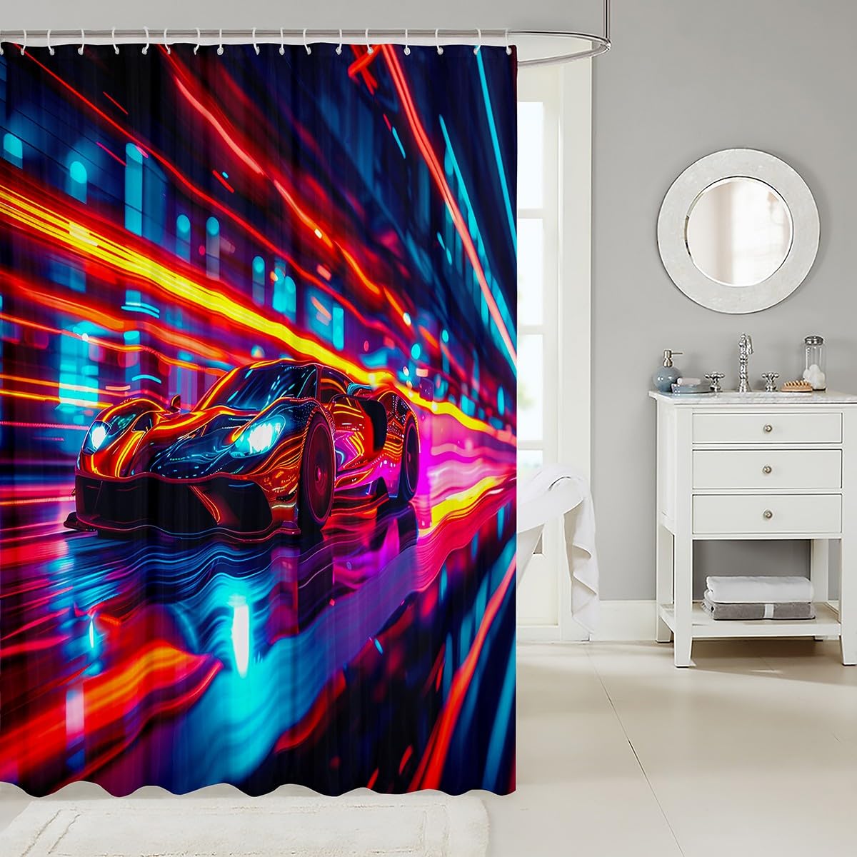 Feelyou Race Car Shower Curtain 72"x72" Speed Sports Car Bath Curtain for Boys Girls Teens Modern Racing Bath CurtainWaterproof Polyester Fabric Extreme Sports Kids Bathroom Accessories Automobile