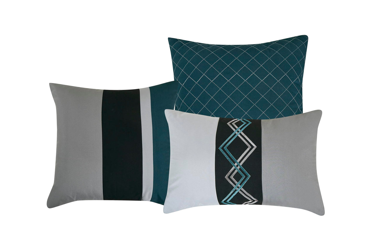 Chezmoi Collection Arden 7-Piece Modern Pleated Stripe Embroidered Zigzag Bedding Comforter Set (Queen, Teal/Black/Gray)