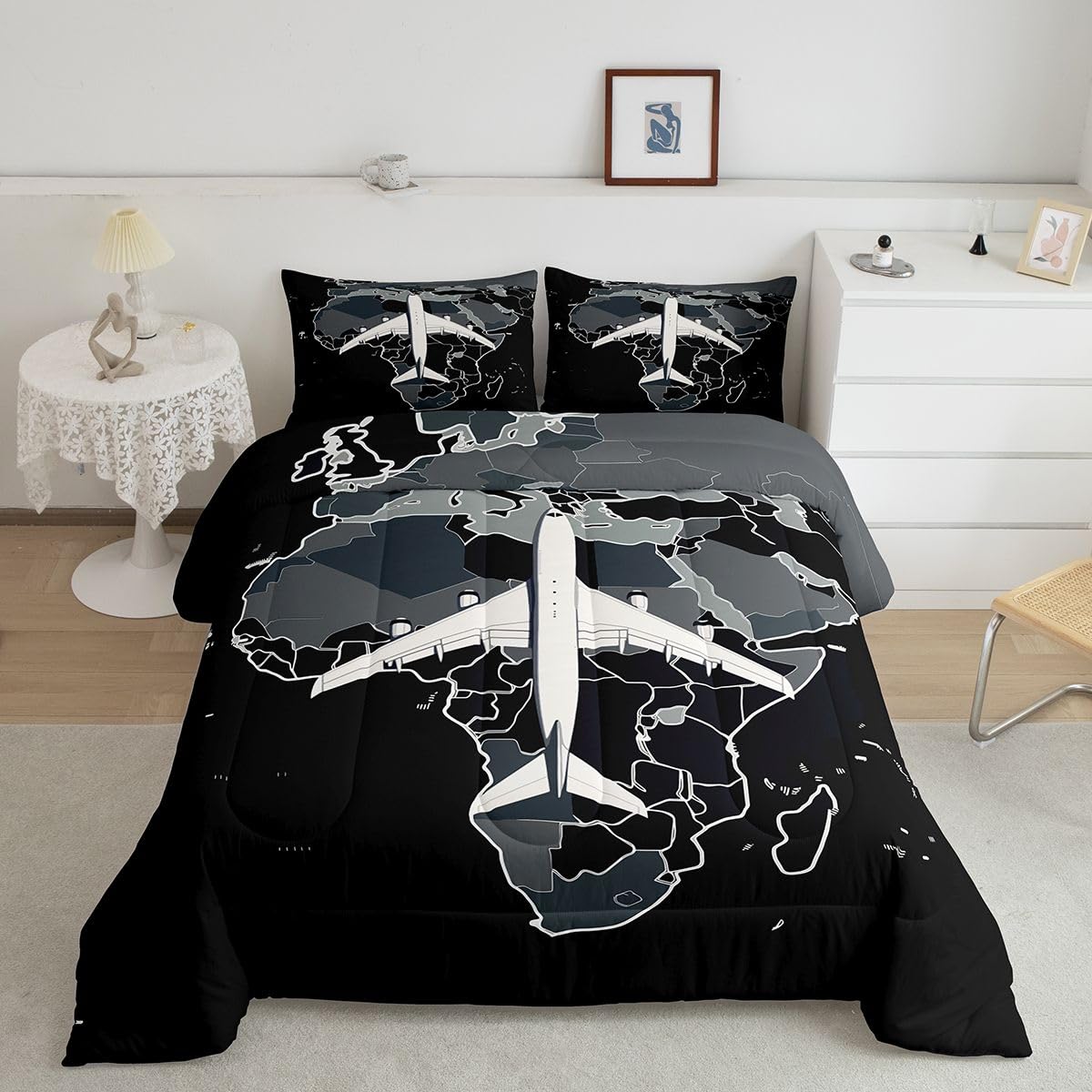 Erosebridal Airplane Comforter Set Full Aircraft Bedding Set Gradient Gray World Map Comforter for Kids Boys Girls Modern Transportation Plane Quilt Duvet