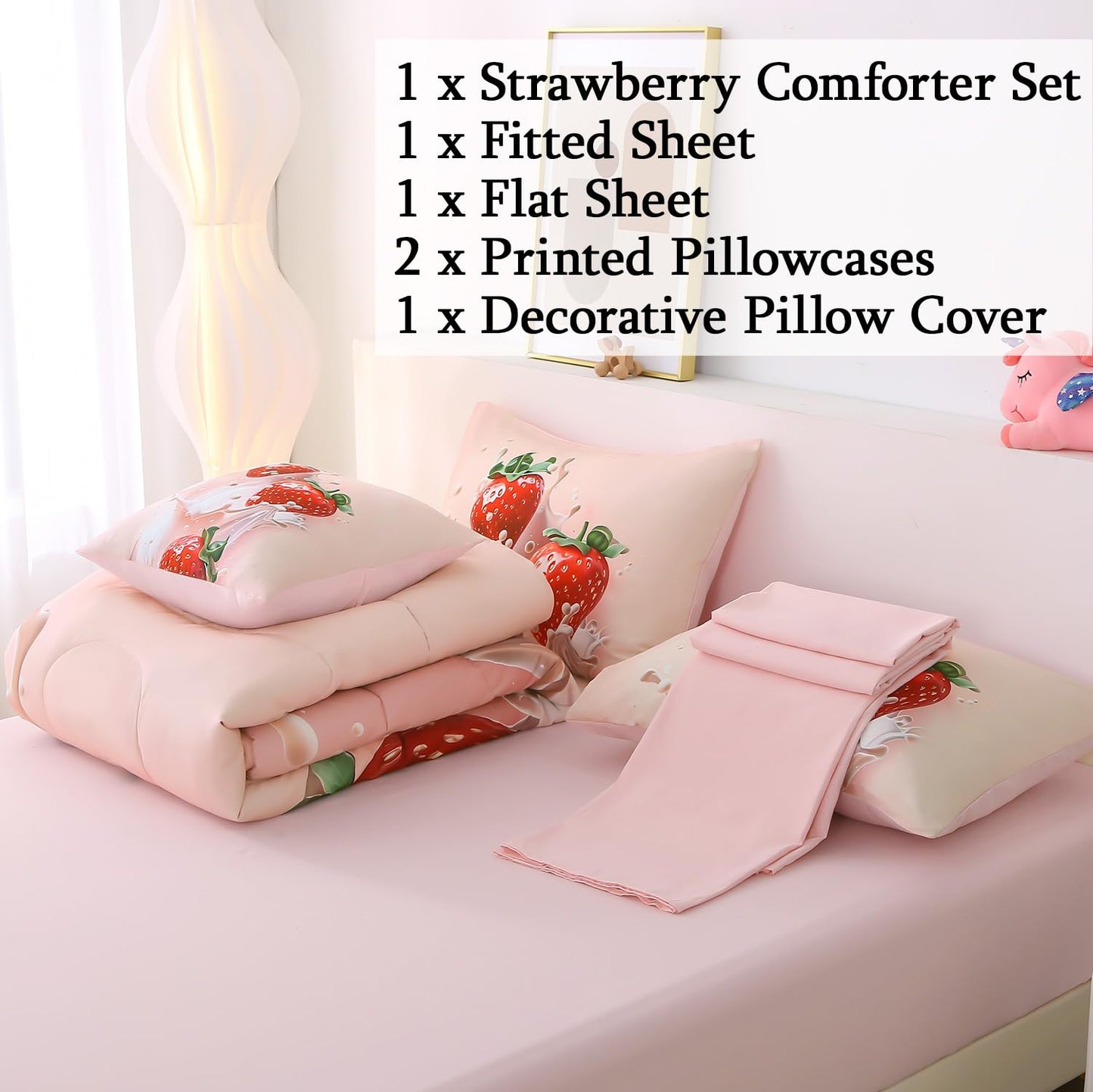 JQinHome Twin Strawberry Comforter Sets for Girls Kids Teens,6 Piece Bed in A Bag - All Season Soft Microfiber Strawberry Bedding Set with Sheet Sets (Pink)