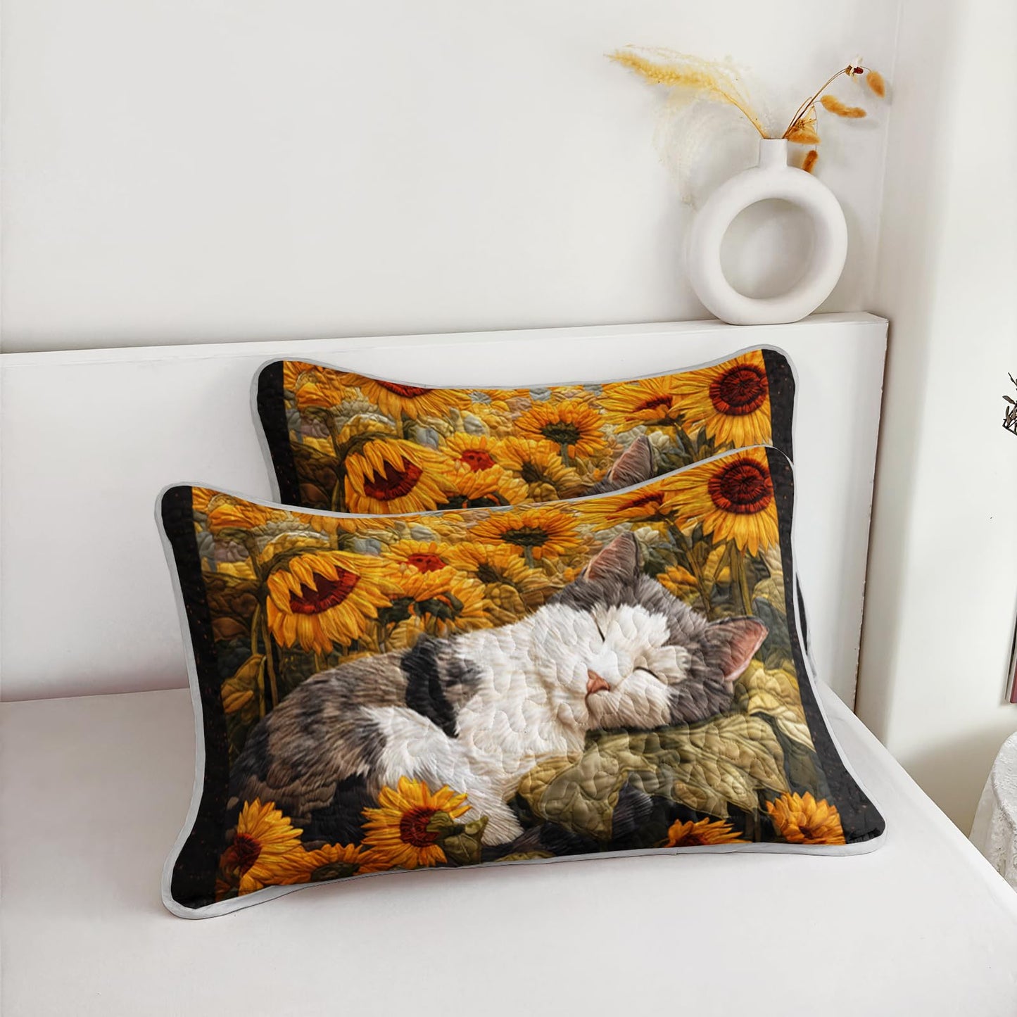 AILONEN Cat Quilt Set Queen Size for Kids Girls - 3-Piece Yellow Sunflower Bedspread Cartoon Cat Coverlet,Lovely Pet Animal Printed Quilt,2 Pillowcases