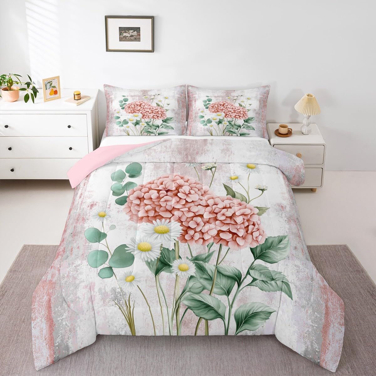 Erosebridal Watercolor Flowers Queen Comforter Set Abstract Oil Painting Hydrangea Bedding Set Rustic Farmhouse Bed Set Ombre Orange White Quilt Set
