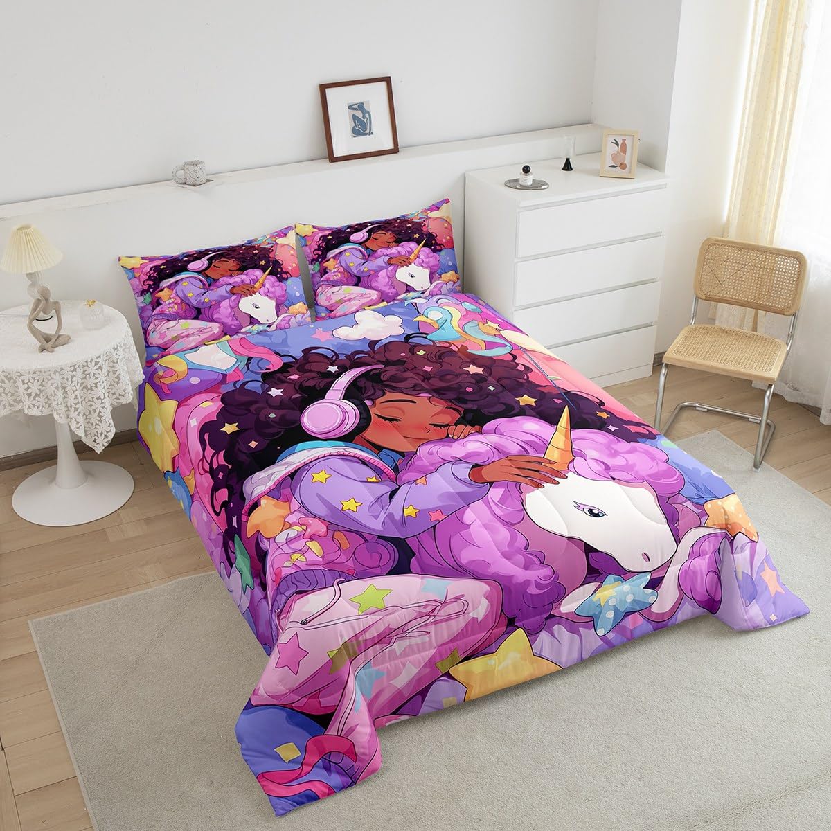 Erosebridal Black Girls Bedding Set Unicorn Afro Girl Twin Comforter Set for Girls,American African Princess Magical Cartoon Horse Quilt for Toddler Kids Teenager,Cute Room Decor
