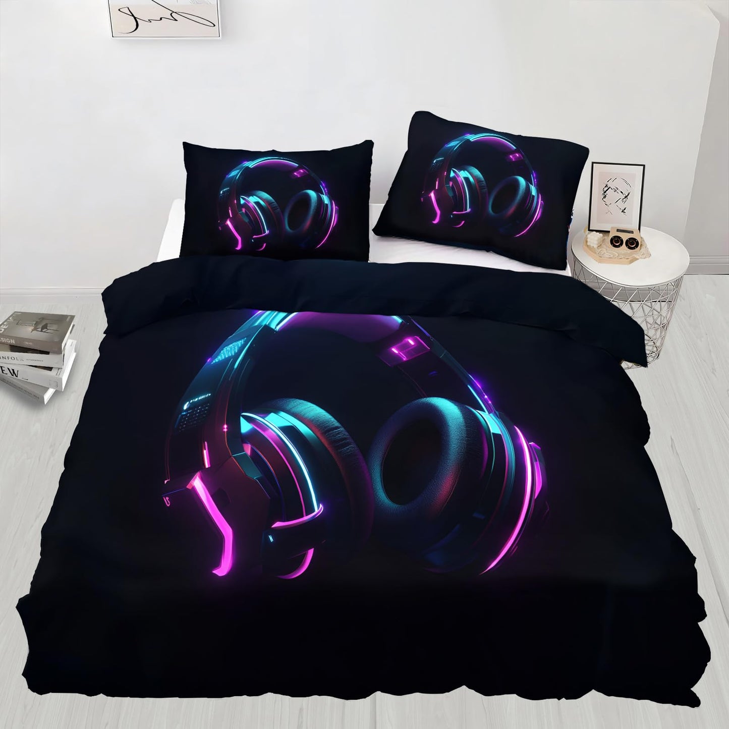 PAISUOQ Music Duvet Cover Queen, Cool Headphones Bedding Sets, Music Lover Comforter Cover with 2 Pillowcases, 3 Pieces with Zipper & Ties, Dorm Decor & Gifts