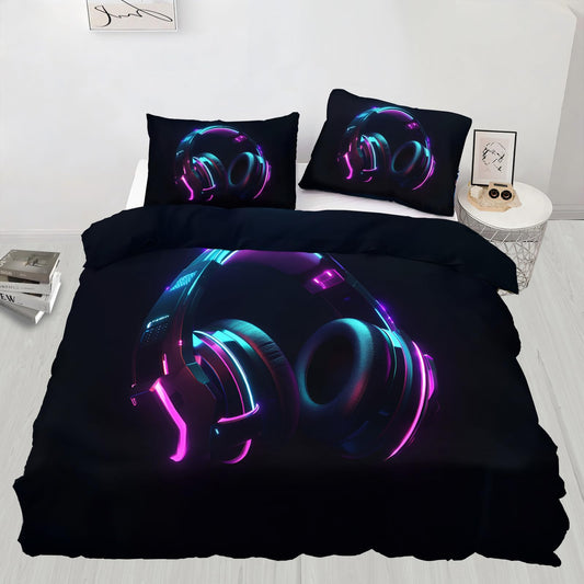 PAISUOQ Music Duvet Cover Queen, Cool Headphones Bedding Sets, Music Lover Comforter Cover with 2 Pillowcases, 3 Pieces with Zipper & Ties, Dorm Decor & Gifts