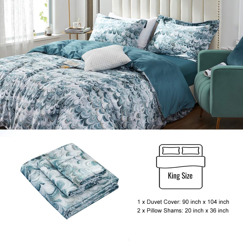 MILDLY 100% Long Staple Cotton King Duvet Cover Set, Aqua Blue Peacock Tail Plume Pattern Printed Comforter Cover Set