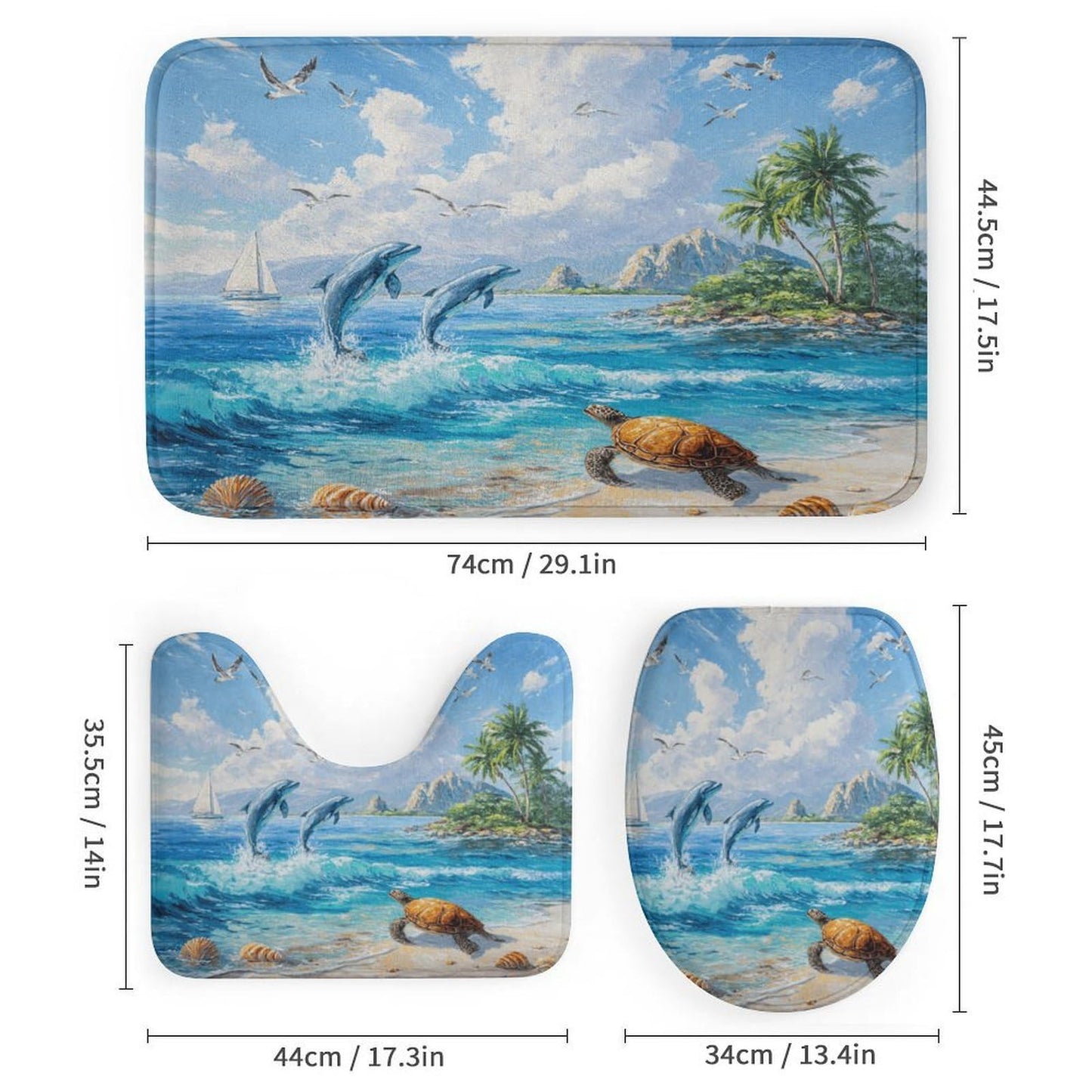 INSFBRB Rustic Colorful Dolphin Shower Curtain Sets with Rug,Toilet Lid Cover and Bath Mat,Beautiful Oil Painting Palm Nautical Seagull Ship Ocean Sea Turtle 4 Piece Bathroom Set