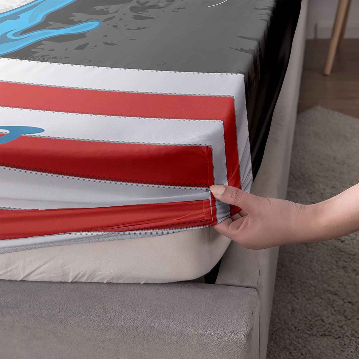 HOSIMA Big Pike Fishing Fitted Sheet Full,Bass Fish American Flag Pattern Hunting and Fishing Bed Set Full Size for Boys Room Decor, 1 Fitted Sheet + 2 Pillowcases.