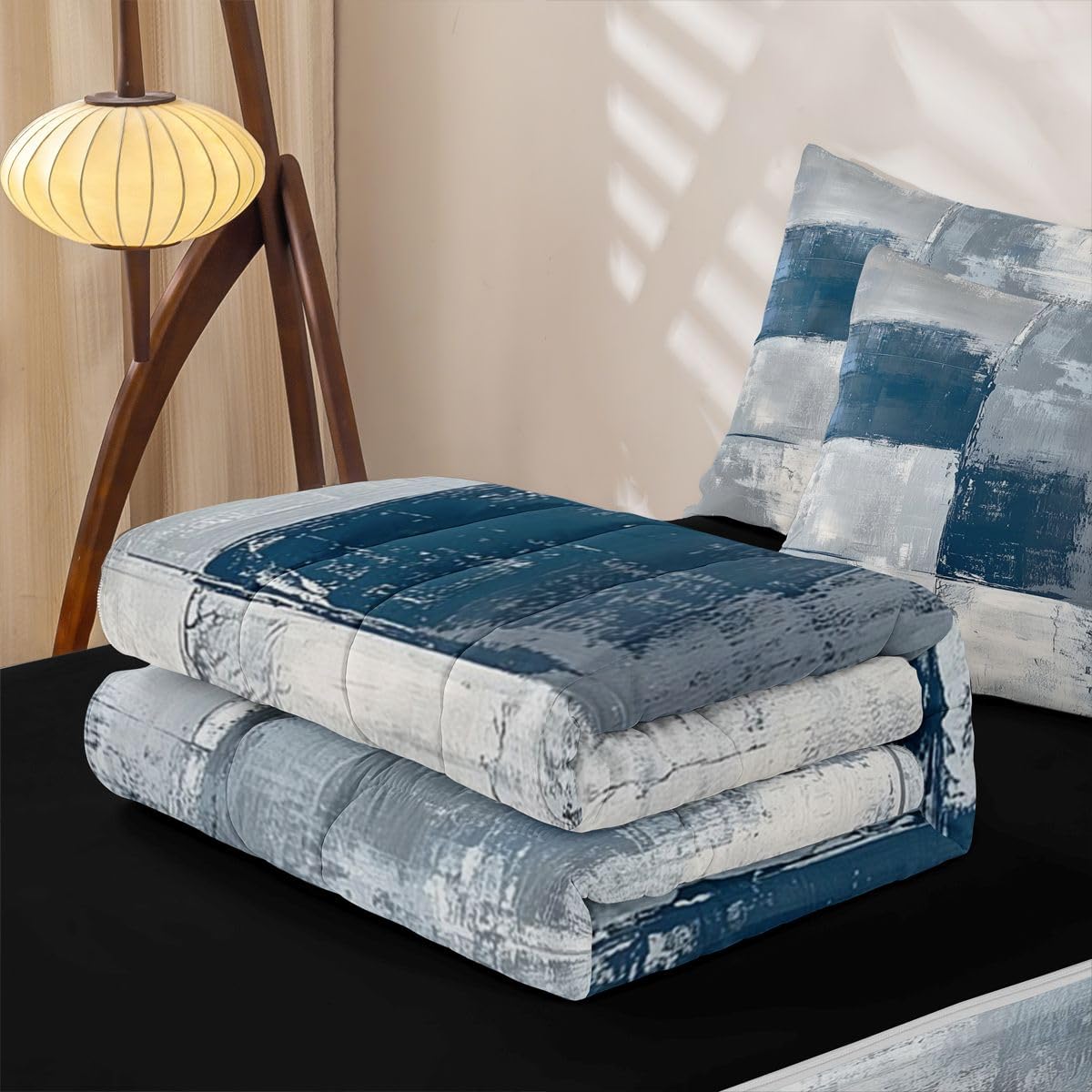 jejeloiu Blue Grey Abstract Comforter Set Twin Size Zipper Bedding Set for Girls Boys Modern Art Comforter with Fitted Sheet, Pillowcases Luxury Zipper Bedding Soft Breathable Bed in a Bag