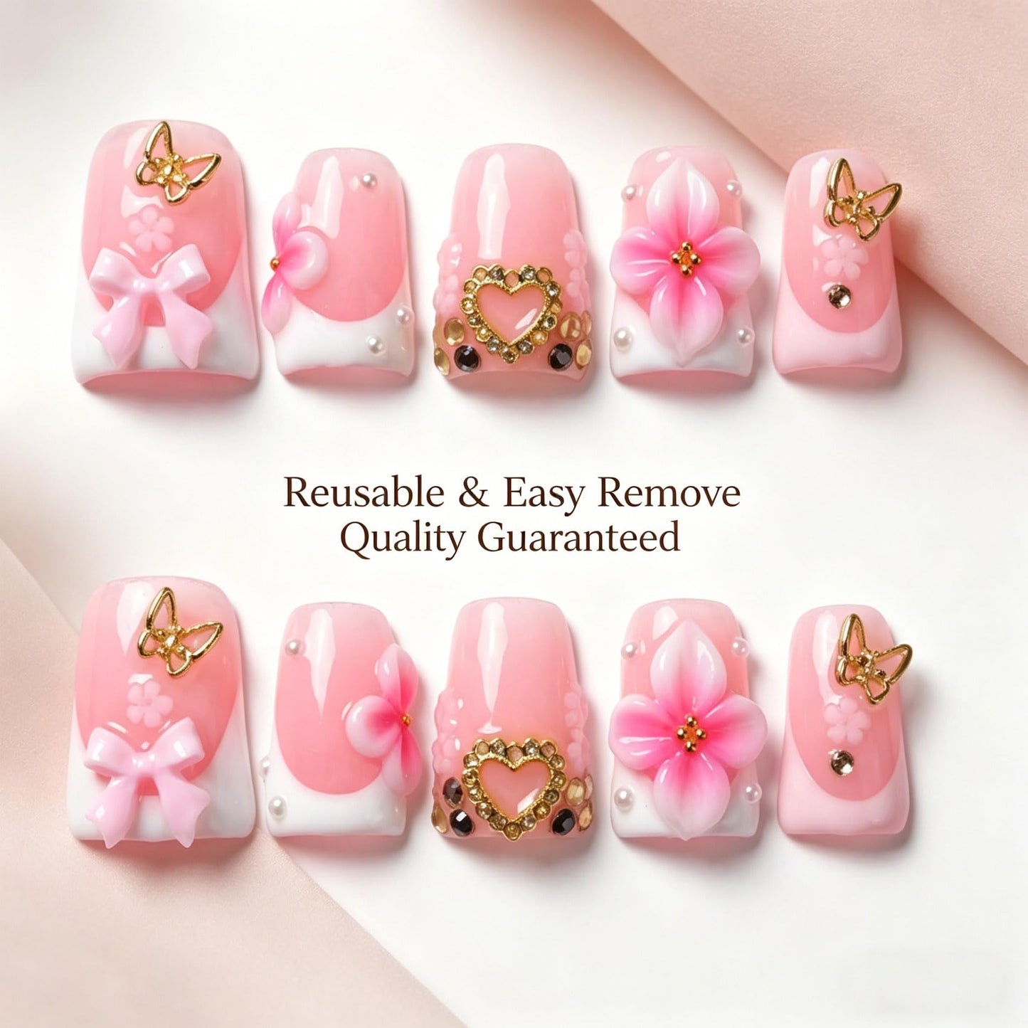 Handmade Press on Nails 3D Cute Glue on Nails for Women, Luxury Duck Nail Art Design, Fake Nails with 3D Nail Charms Size M 10