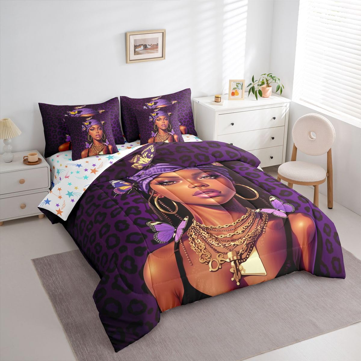 Erosebridal Black Girls Magic Queen Bedding Set Dark Purple Leopard Print Comforter Set Women Teen Coquette Butterfly 7-Piece Bed in a Bag Stylish Cheetah Headwrap Quilt Sets