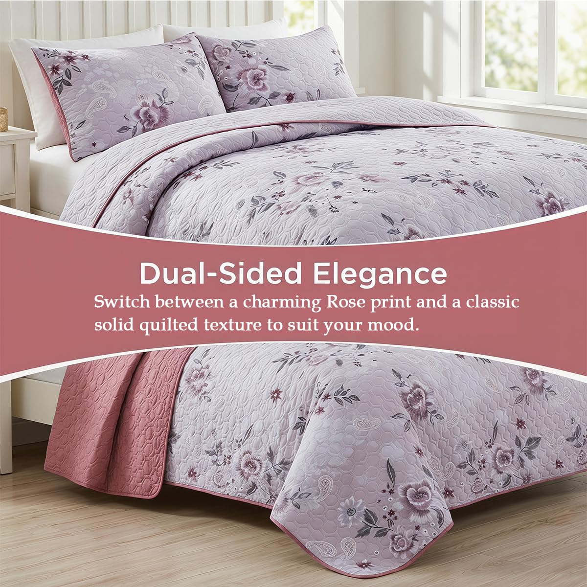 SANOCAY Boho Floral Quilt Set King Size, 3 Piece Lightweight Summer Bedding Set with 2 Pillow Shams, Soft Reversible Microfiber Bedspread, Farmhouse Coverlet for All Season (Dark Purple Rose, King)