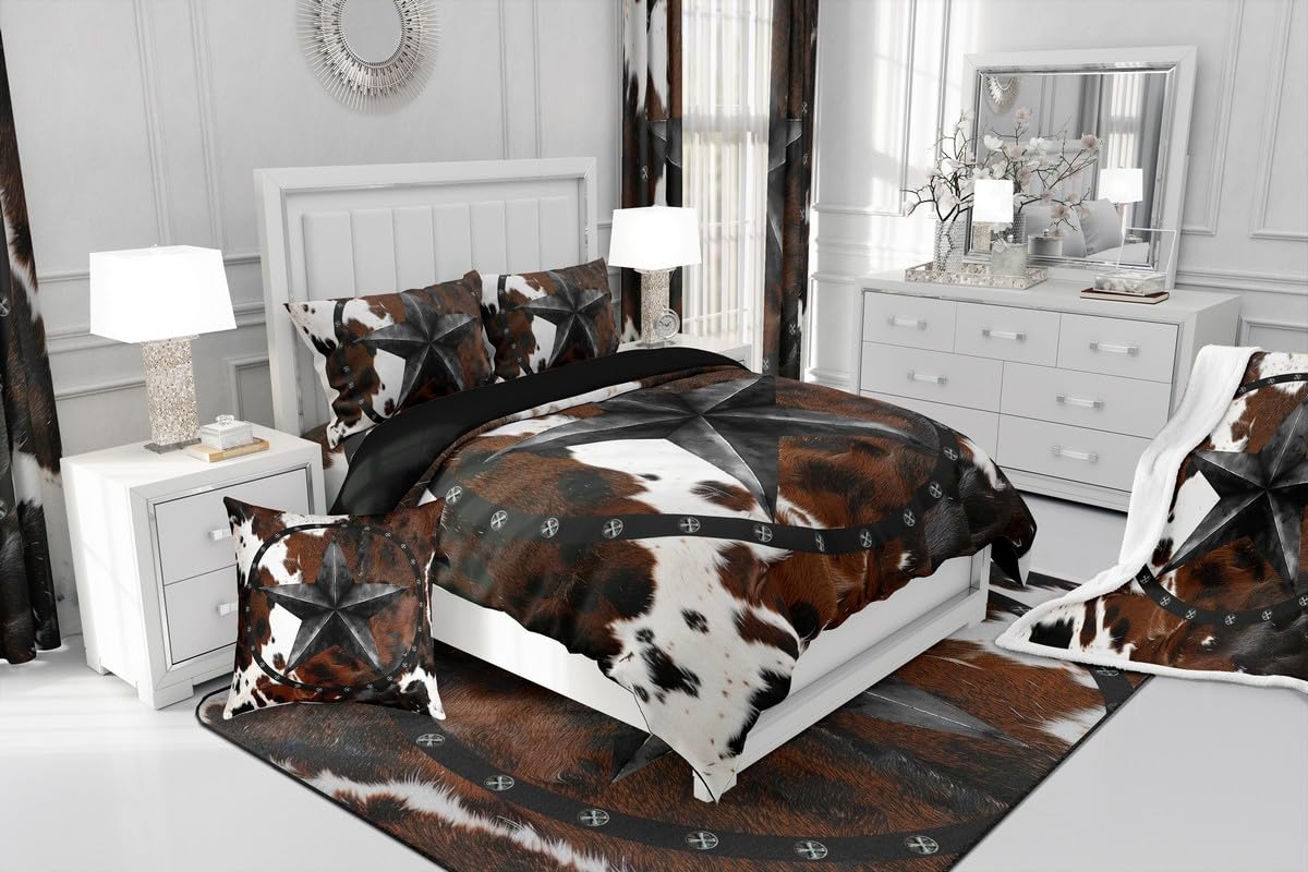 jejeloiu Texas Star Bedding Set Soft for Boys Girls, Western Cowhide Comforter Set Queen Size Farmhouse Rustic Duvet Quilt Microfiber Cow Fur Print Bedroom Decor 3 Pcs with 2 Pillow Cases