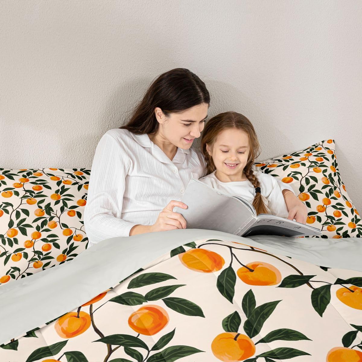 Manfei Cartoon Oranges 2Pcs Comforter Set Twin Size Country Rustic Bedding Set Kids Teens Adult Room Decor Botanical Themed Duvet Insert,1 Pillowcase Cute Fruit Printed