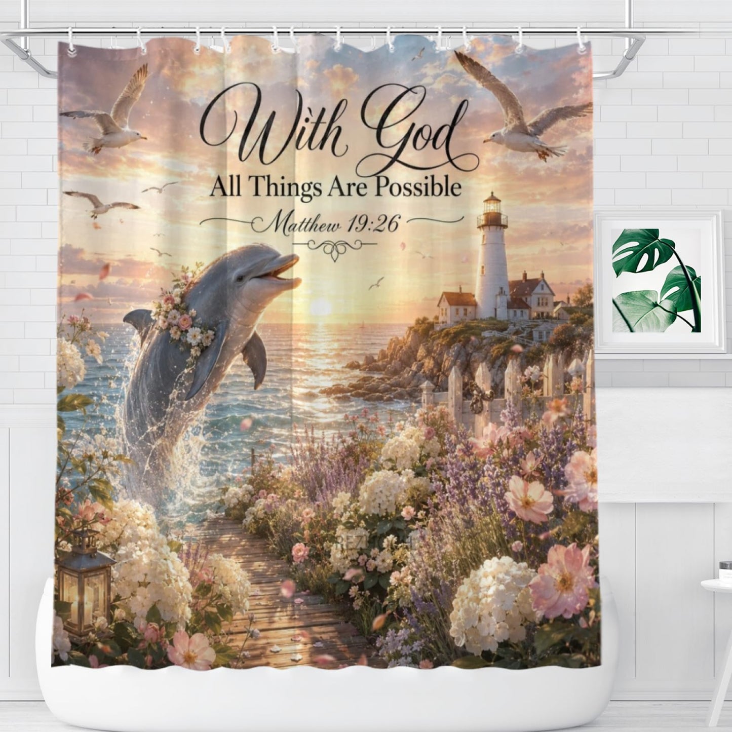 REZHOCH Coastal Cute Dolphin Shower Curtain 72x72 Inch,Lighthouse Ocean Beach Bathroom Decor,with God All Things are Possible,Animal Floral Sunset Seaside Christian Bath Set