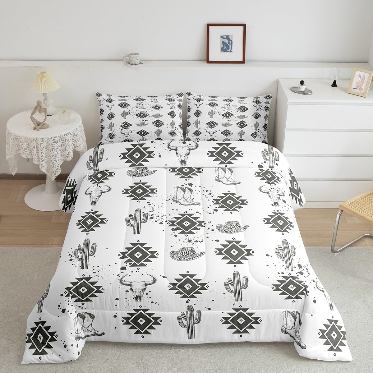 jejeloiu Boho Comforter Set Queen Size Western Decor Bedding Set for Kids Boys Girls Bull Skull Duvet Quilt Cactus Bedroom Decor Microfiber 3 Pcs with 2 Pillow Cases