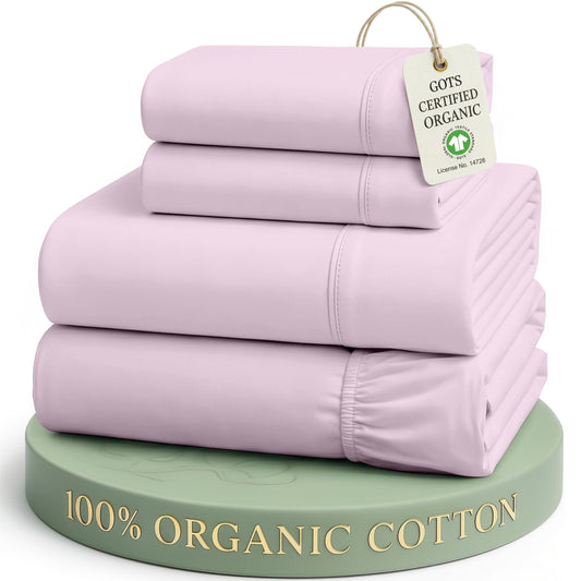 LANE LINEN Cotton Queen Sheet Set 100% Organic Cotton GOTS Certified Percale Weave Deep Pocket 4 Piece Soft Breathable Cooling Lightweight All Season Machine Washable Crisp - Orchid Petal