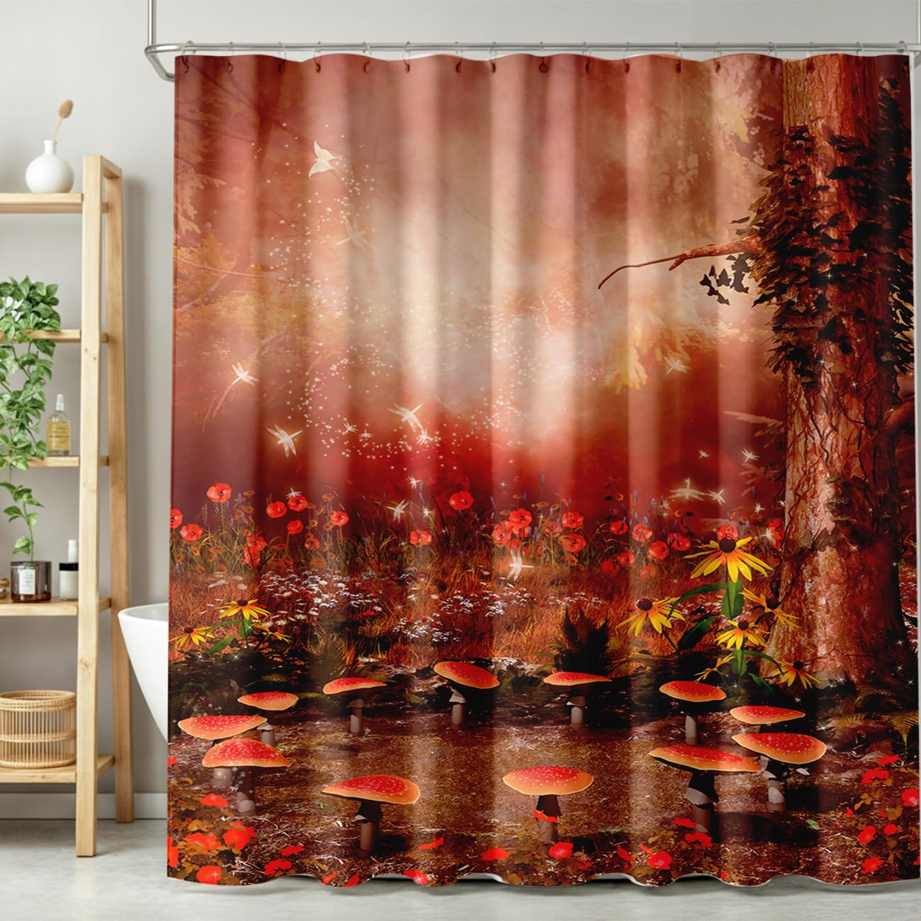 TYVGICZ Fantasy Forest Bath Curtain Fairy Magical Jungle Mushroom Floral Tree Butterfly Lantern Wonderland Nature Plant Shower Curtain for Bathroom Laundry Room Home Bedroom Decor,66x72 Inch