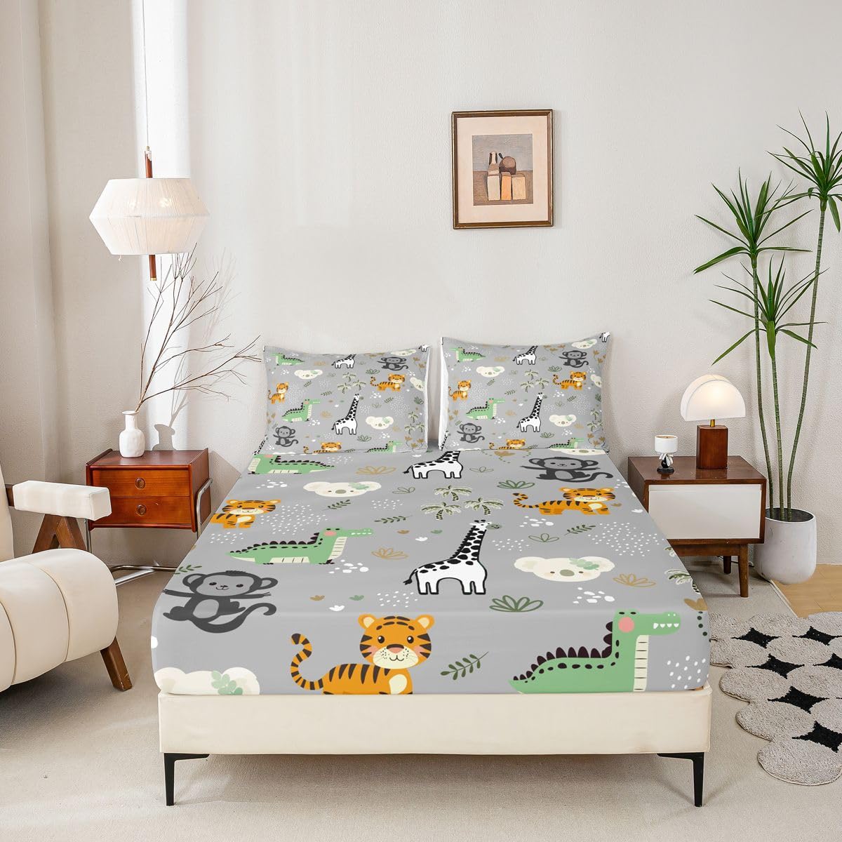 Erosebridal Jungle Animals Bed Sheets Full Cartoon Kawaii Sheet Set for Kids Boys Girls Hunting Safari Animals Sheets Monkey Giraffe Crocodile Tiger Flat Fitted Sheet 3 Pcs